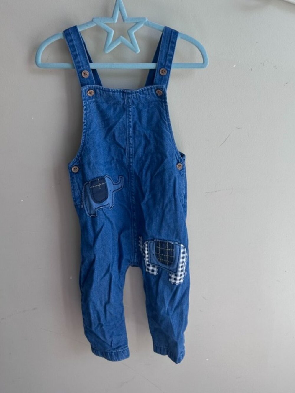 🐘💙 Next Baby Denim Overalls – Elephant Patchwork – Size 9–12M 💙🐘